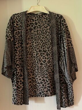 Leopard Print Open Front Kimono Cardigan - Black & Taupe